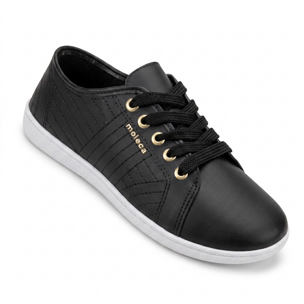Tênis Moleca Feminino Preto Casual Confortável com Cadarço, Solado Branco e Detalhes Dourados