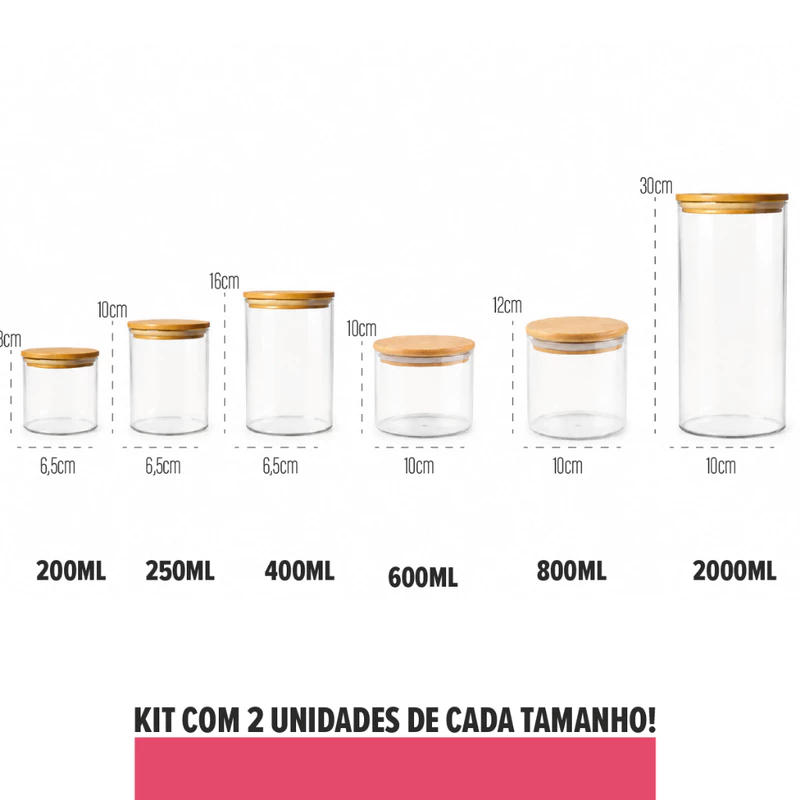 Conjunto com 12 Potes Herméticos de Vidro Tampa de Bambu para Organizar — foto 6