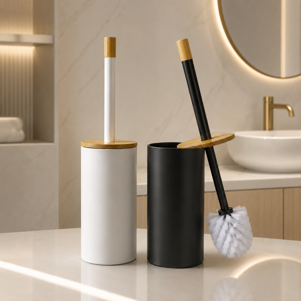 Escova Sanitária com Suporte e Tampa de Bambu Moderna para Banheiro Preta ou Branca