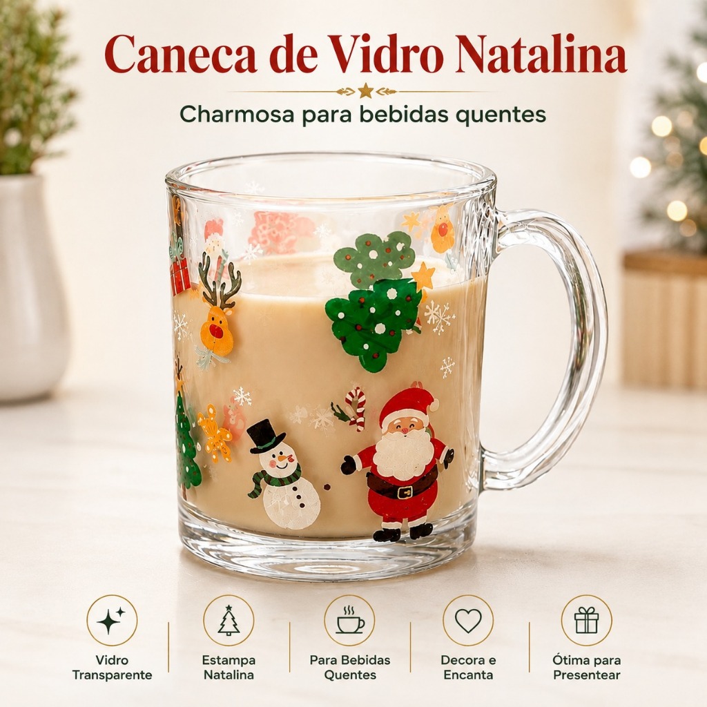 Caneca De Natal Vidro 320ml Xicara Cafe Chocolate Quente Presente Natalino Mesa Posta Cantinho Cafe