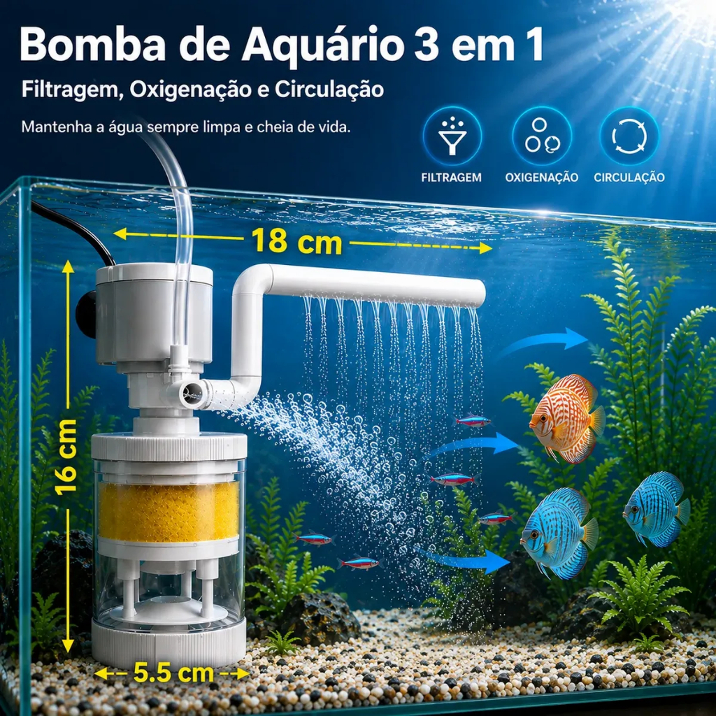 Filtro Aquário 8w Usb 550l/h C/ Duas Saídas Bomba Circulação