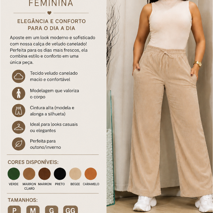 Calça Veludo Canelado Feminina Cintura Alta Inverno Confortável Casual Chic