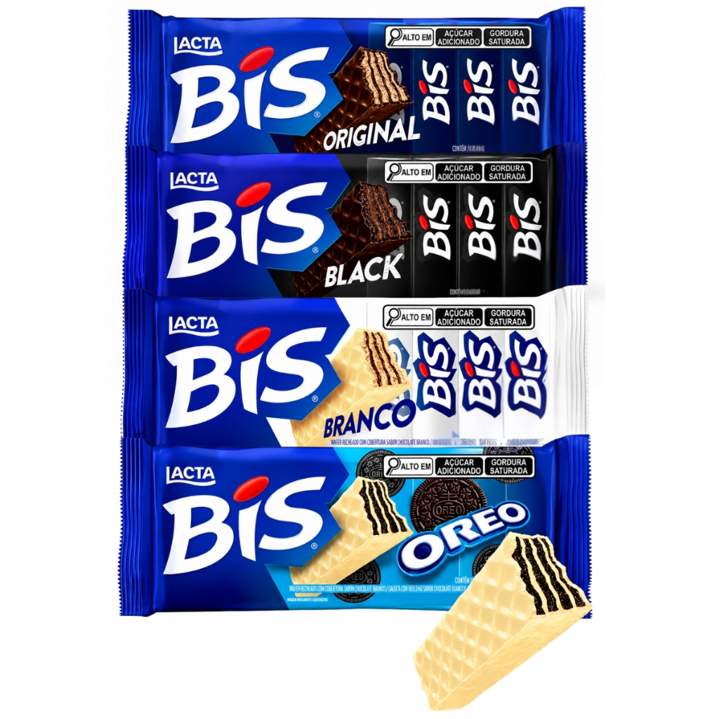 Kit Chocolates Bis Lacta C/4 Pacotes Wafer Ao Leite Branco Oreo Black