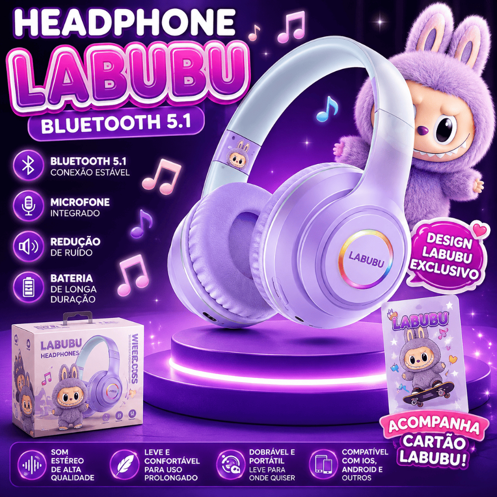 Fone de Ouvido Infantil Labubu Bluetooth 5.1 Headphone Sem Fio com Microfone Cartão