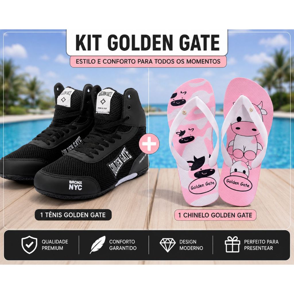 Kit Bota + chinelo Golden Gate, academia, dia a dia, zumba, boxe e pós treino e descanso