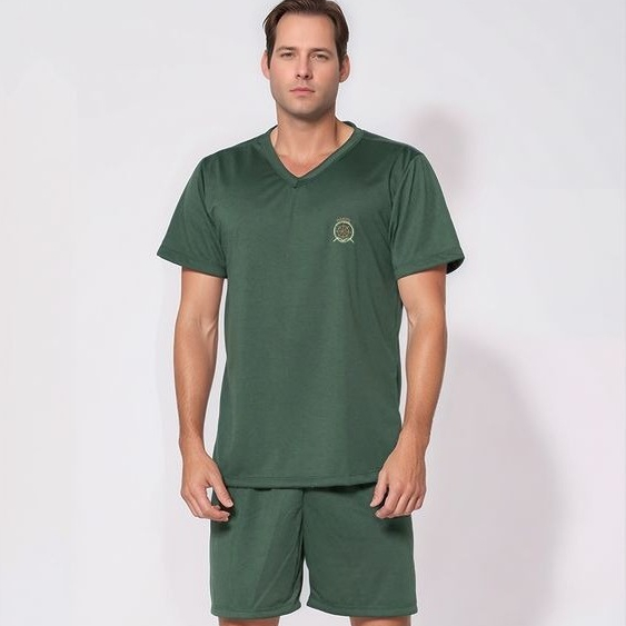Pijama Masculino Conjunto Short e Camisa Verde Estampado Liso  Confortável Casual Homem Pai Marido