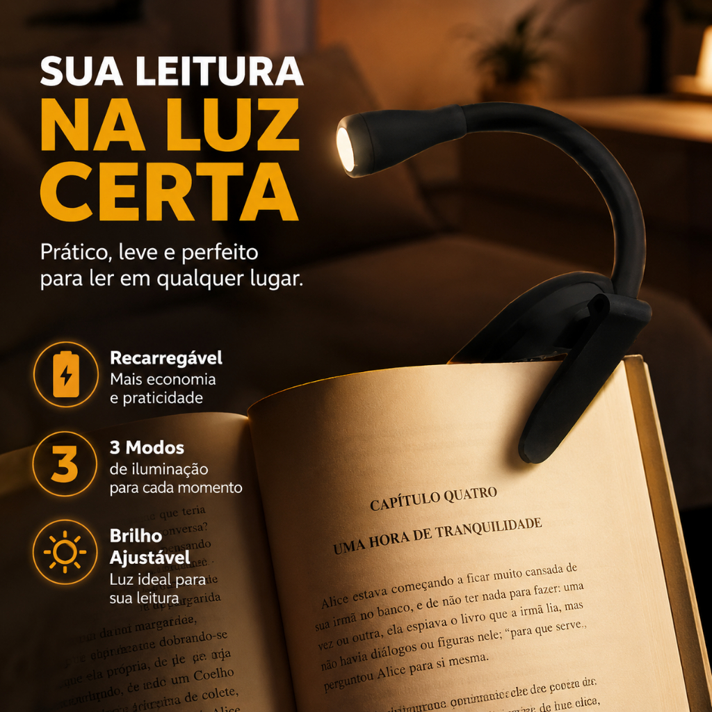 Luminária LED de Leitura Recarregável com Clipe para Livro Flexível e Portátil