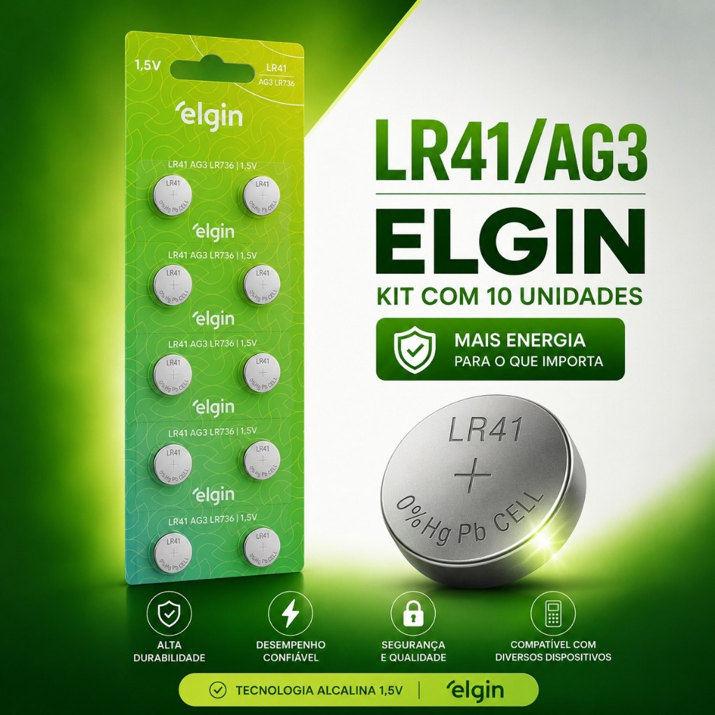 LR41/AG3 ELGIN 1,5V Botão Alta durabilidade - ENVIO IMEDIATO!