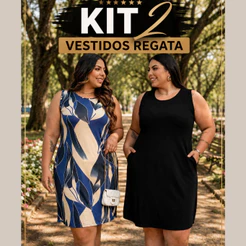 Kit com 2 Vestidos Curto Regata com Bolsos Plus Size Curve Confortável Elegante Casual Moda Feminina