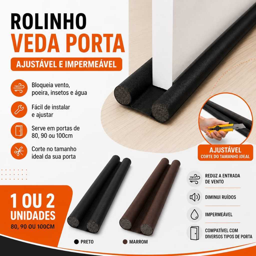 Kit 1 ou 2 Veda Porta Ajustável 80cm 90cm 100cm Protetor Rolinho Tapa Porta Impermeável