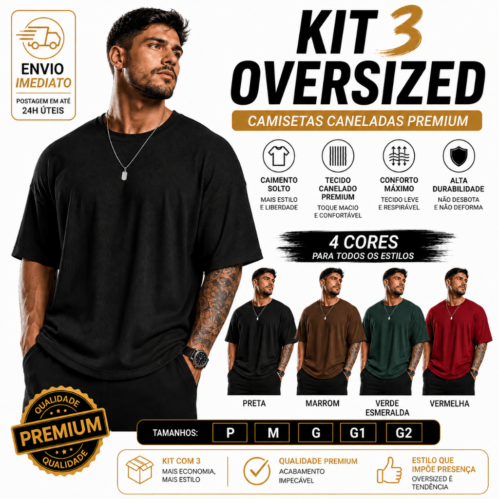 Kit 3 Camisetas Oversized Masculina  Canelada Camisa Streetwear Conforto P-M-G-GG-G1-G2