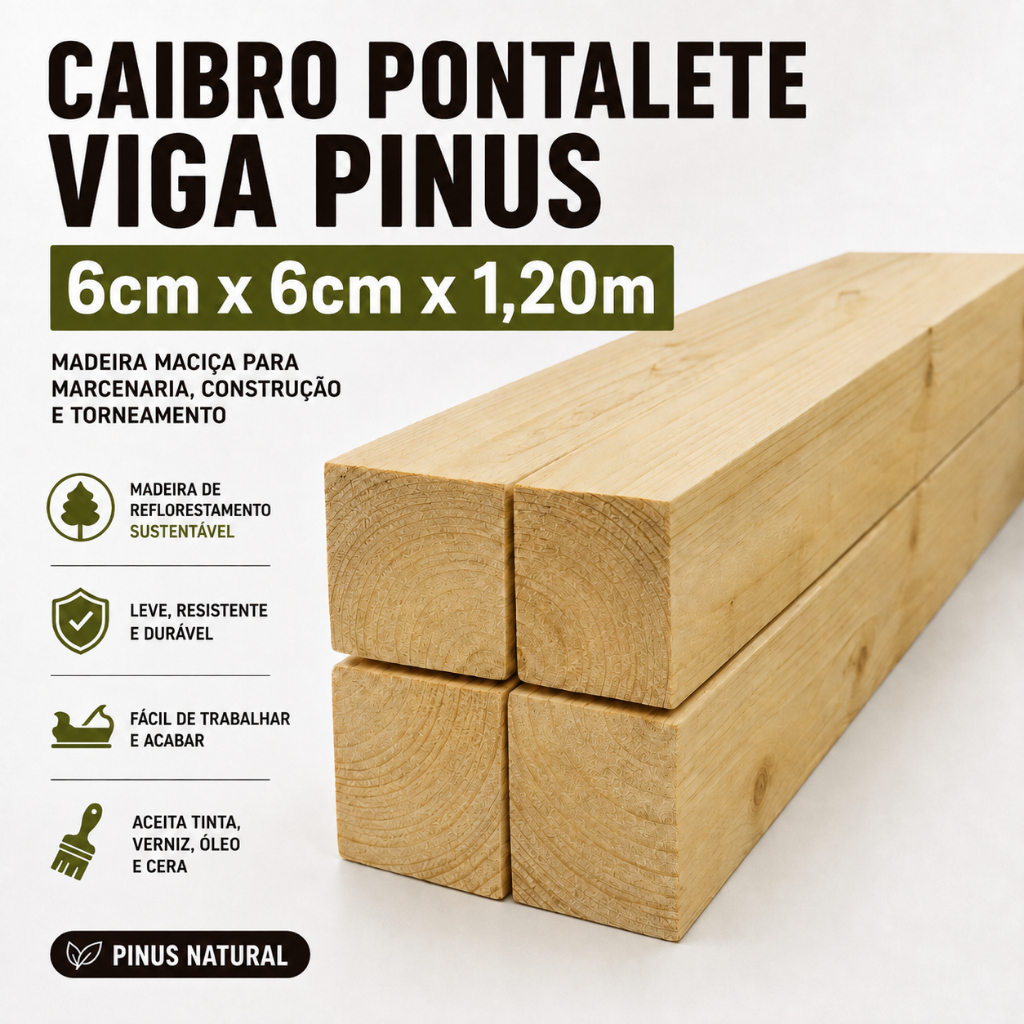 Caibro/Pontalete/Viga 6cm x 6cm x 1,20m Pinus Tornear KIT 4  Construção Madeira Kit madeira Pinus