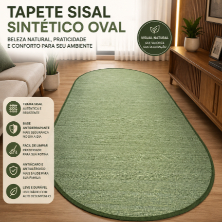 Tapete Oval 200x100 Sisal Sintético moderno, antiderrapante, elegante e ideal para sala, quarto, corredor e decoração T
