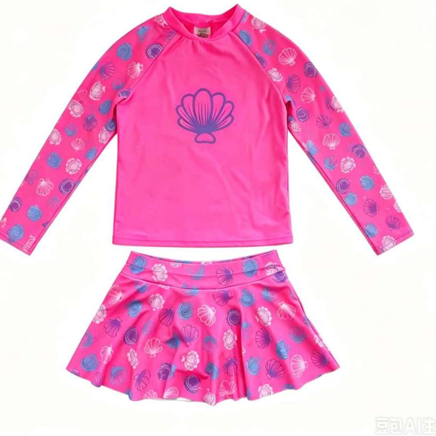 conjunto de Biquíni Infantil com Blusa Proteção Solar UV 50+ Sereia concha  Praia Piscina Natação Menina Infantil-
