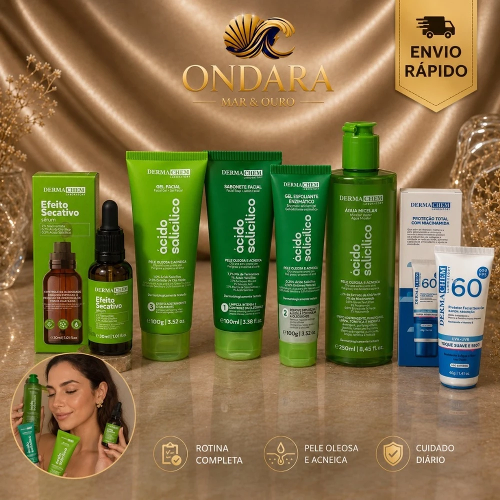 Derma Chem Ácido Salicílico para Pele Oleosa e Acneica Sérum Sabonete Gel Esfoliante Água Micelar Protetor FPS 60