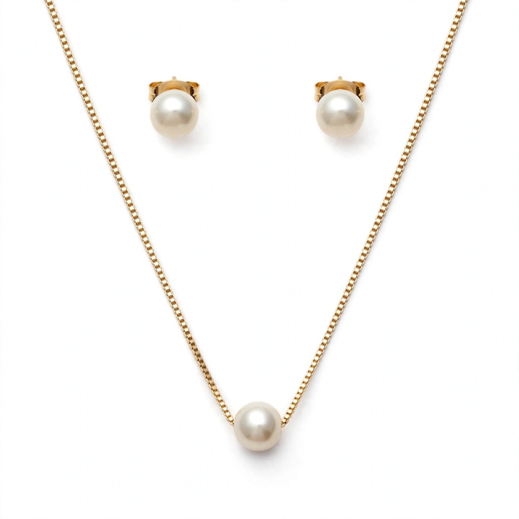 Conjunto Bijuteria Colar Pérola Veneziana + Brinco Pérola - Kit Colar Feminino Clássico Pérola