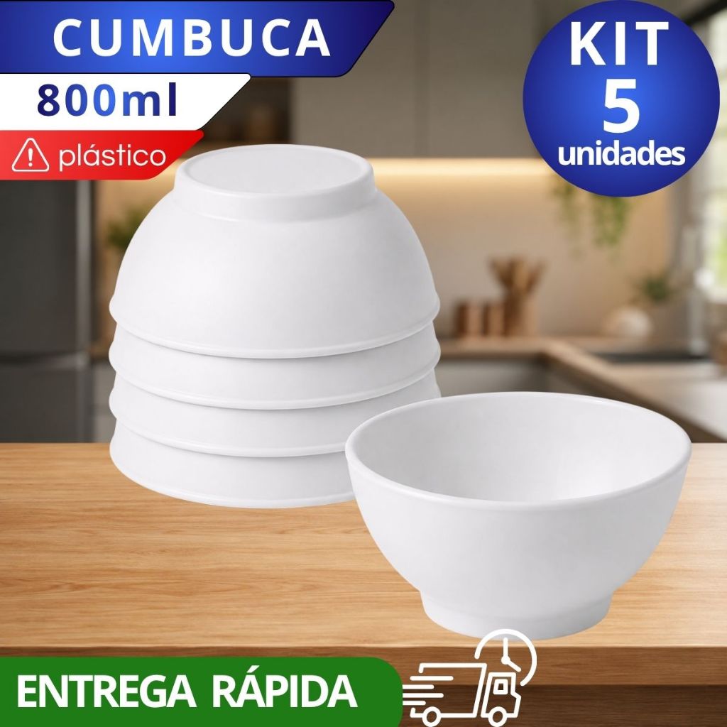 Kit 5 Potes Cozinha 800ml Tigelas Cumbucas Bowls Plástico Branca Açaí Sorvete Doce Salgado
