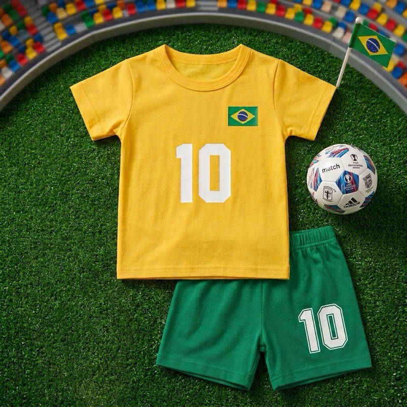 Conjunto Body Bebê Copa Brasil + Laço ou Camiseta Brasil + Shorts