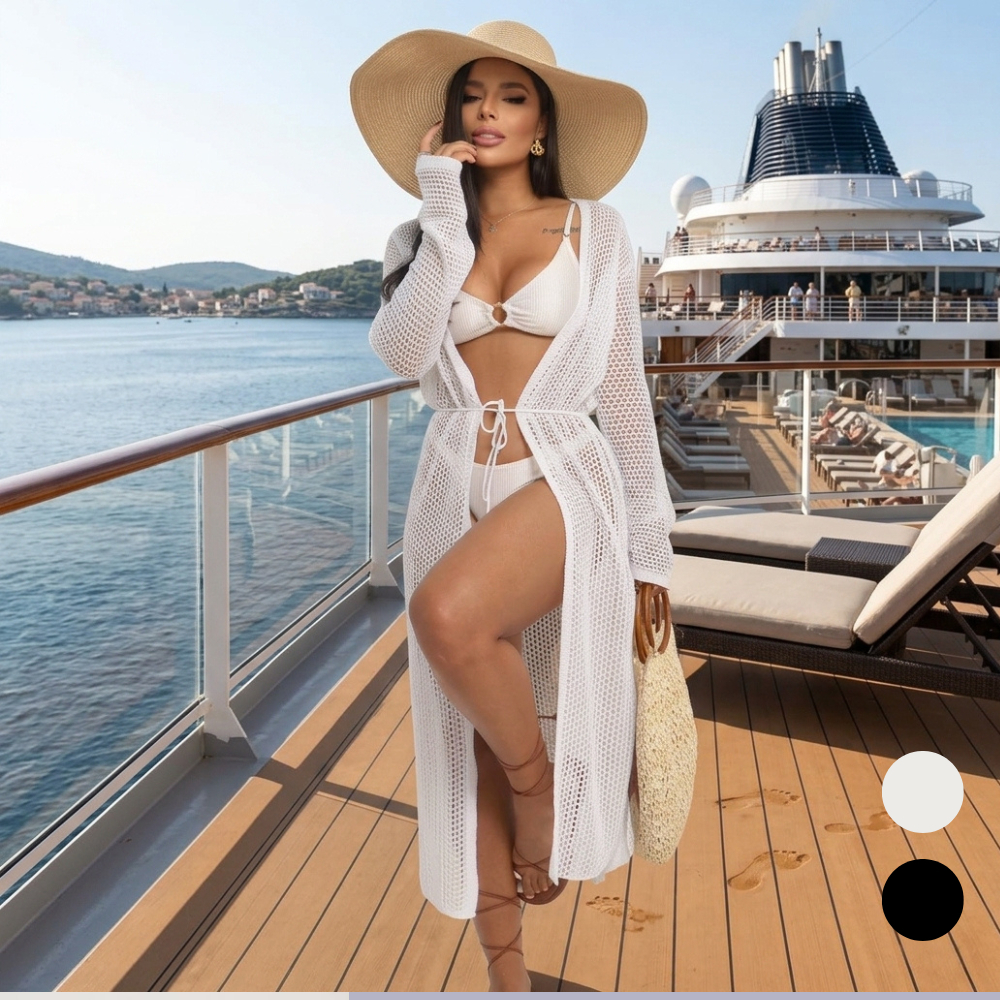 Saída de Praia Tricô Longa Kimono Cardigan Aberto com Amarração Moda Praia Feminina
