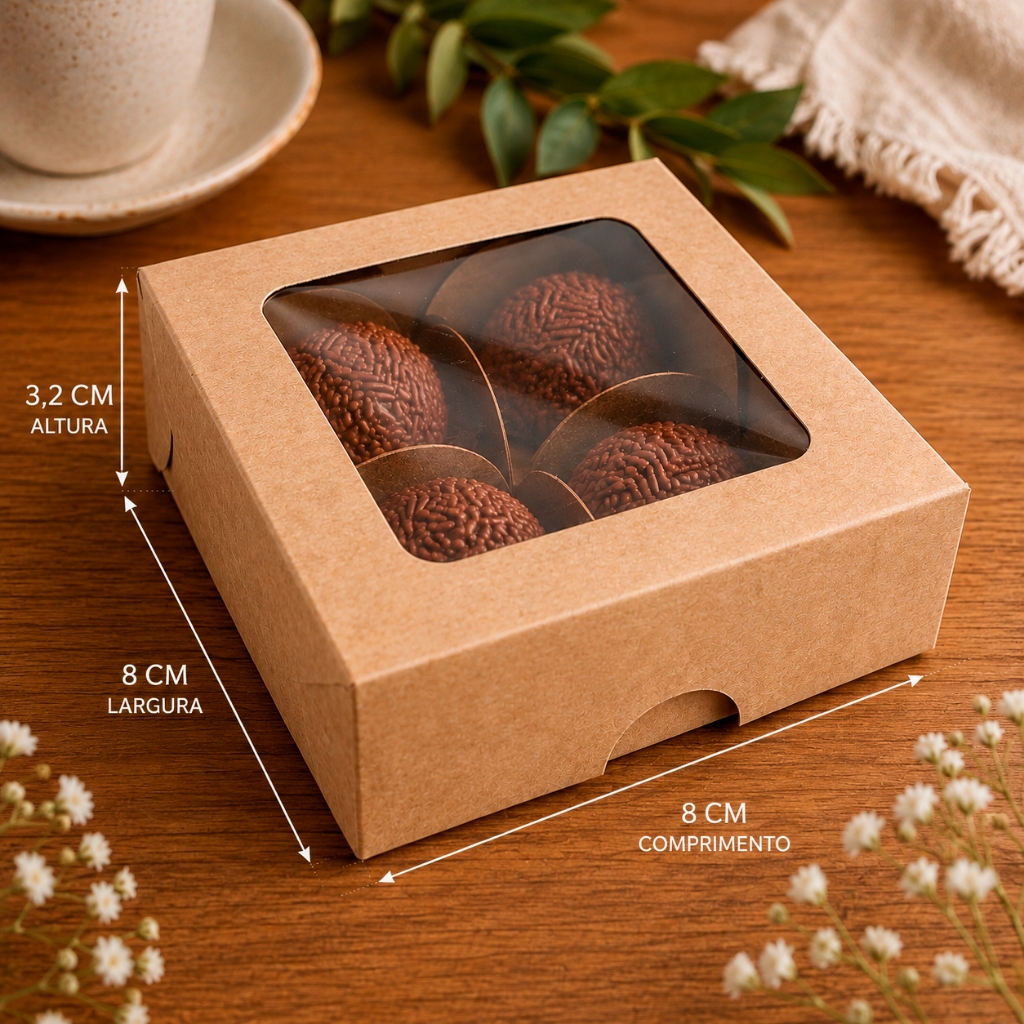 Caixas de papel Kraft com Visor tamanho 8x8 cm e Forminhas Pétalas. Ideal para 4 doces gourmet, brigadeiros, etc — imagem 2 de 2