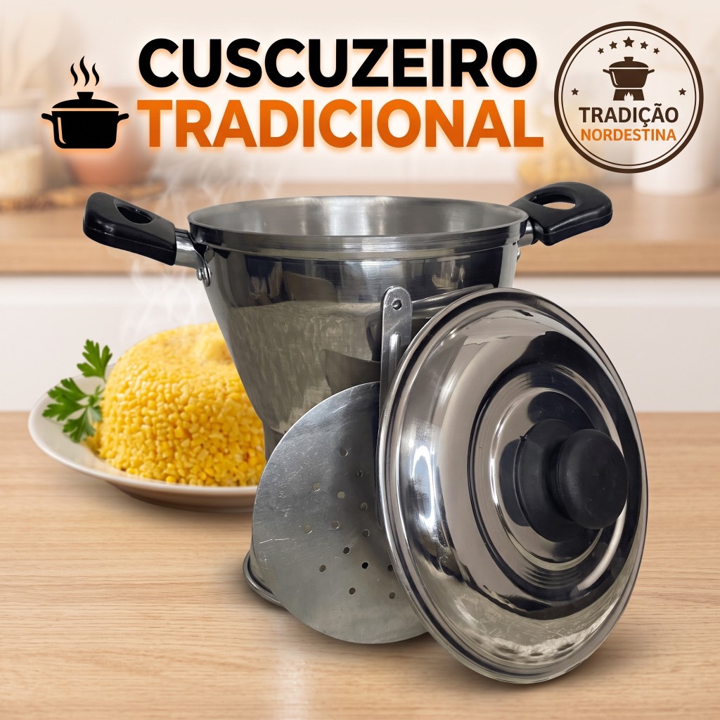 Cuscuzeiro Nordestino Tradicional em Alumínio Polido Reforçado | Ideal para Cuscuz Raiz | Autêntico e Resistente