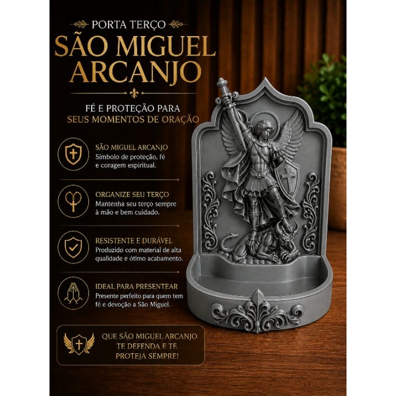 Porta Terço São Miguel Arcanjo Cinza | Suporte para Terço | Organizador de Terço | Nossa Senhora | Decoração Religiosa