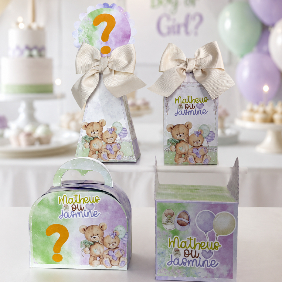 ENVIO RÁPIDO Kit Festa Personalizados Chá Revelação Lilás e verde Ursinhos Caixinhas Lembrancinhas PEGUE E MONTE