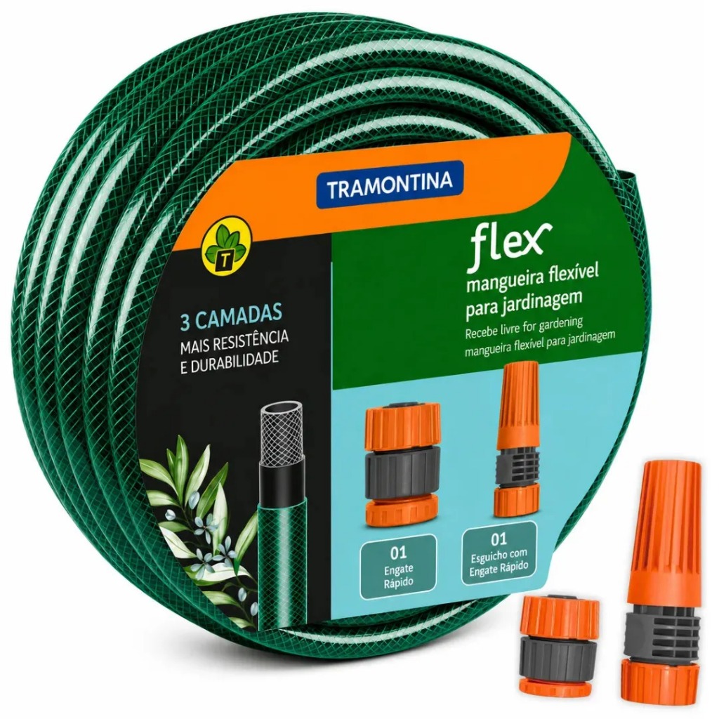 Mangueira de jardim Tramontina até 50 metros Verde 1/2  com kit Engate e Esguicho