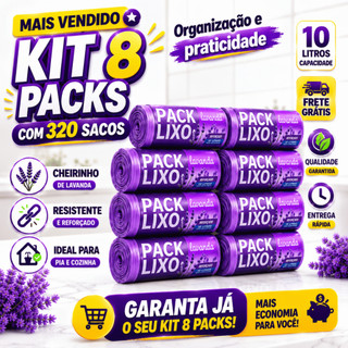 Kit 8 Rolos Sacos de Lixo 10L 320 Sacos Cheiro Lavanda Neutraliza Odores Perfumado Cheiroso