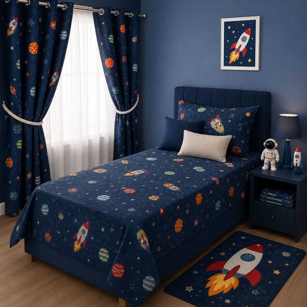 Kit Infantil Lençol + Fronha + Cortina 2 Partes Estampado Algodão-Poliéster - 3 Peças Temáticas