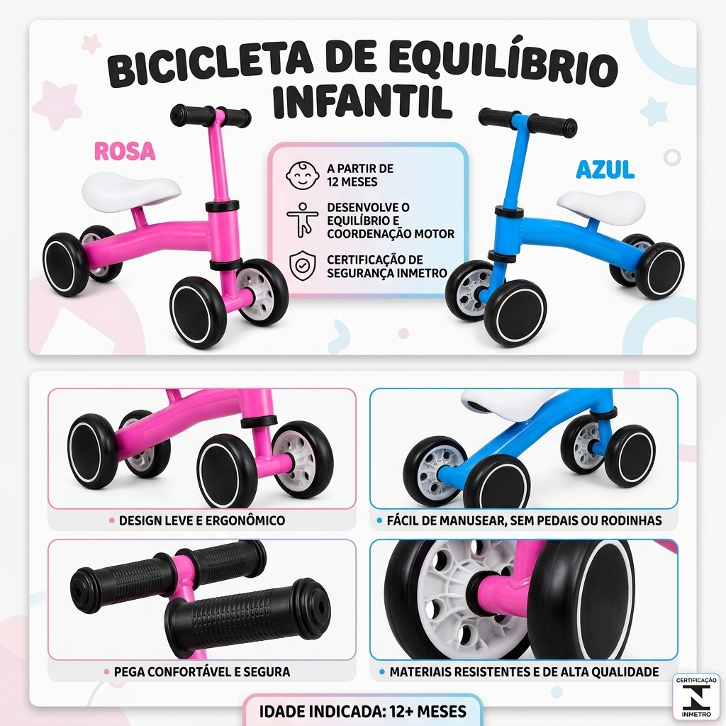 Bicicleta Infantil de equilíbrio Azul Rosa 4 rodas Bebê infantil Quadro Metal Criança a partir de 12 Meses Sem Pedal