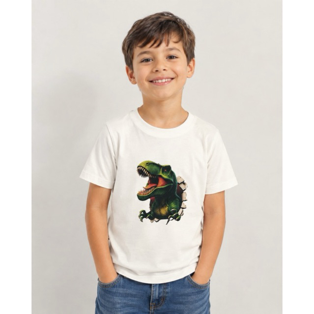 Camiseta Infantil Menino Estampada Dinossauro T-Rex Manga Curta Modelagem Algodão Atemporal
