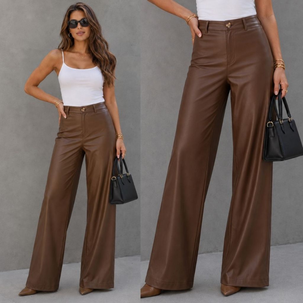 Calça Feminina Courino Pantalona Cintura Alta Elegante com Bolsos