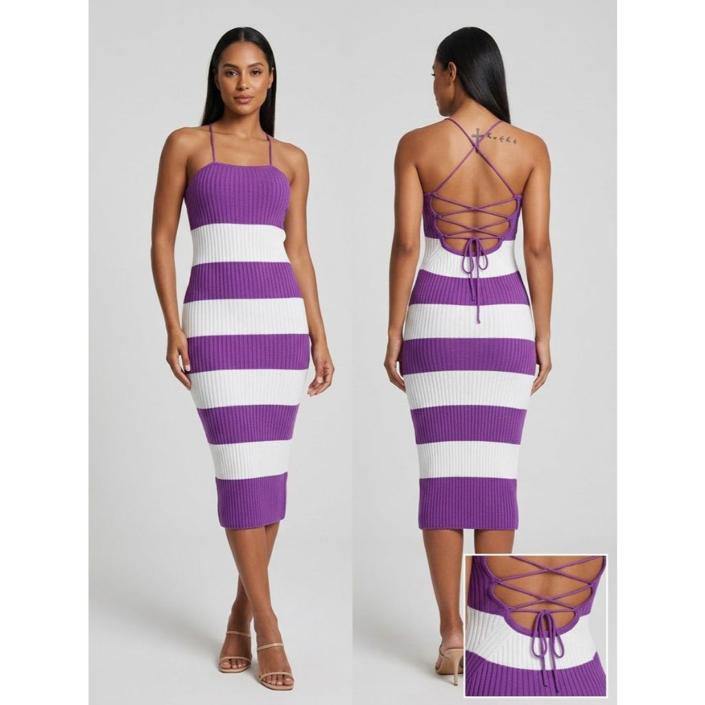 Vestido listrado midi modal feminino alça fina de cordão com amarração nas costas canelado elegante