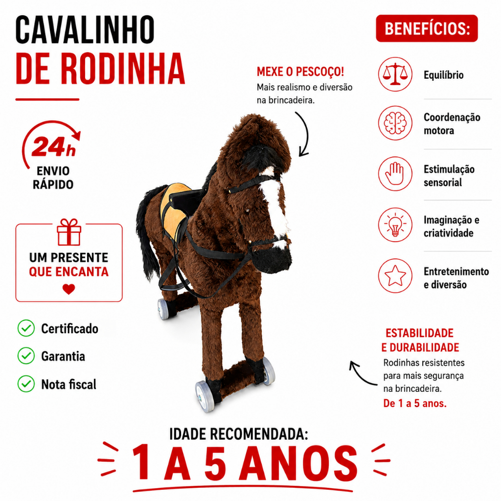Cavalinho Rodinha Padrão Brinquedo P/ Criança Mexe Pescoço 1/5 anos Fantástico