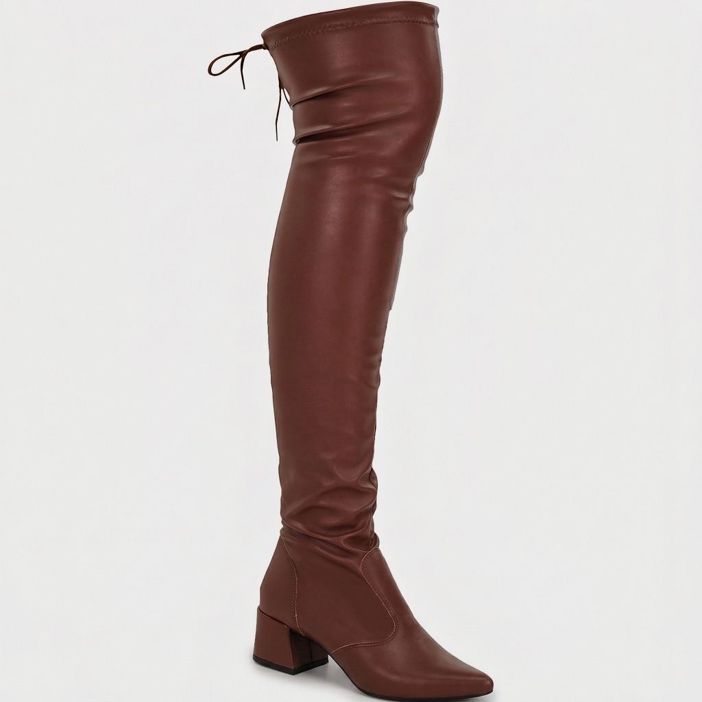 Bota Feminina Shekinah Bico Fino Over The Knee Stretch Salto Bloco Cano Longo Enrrugada