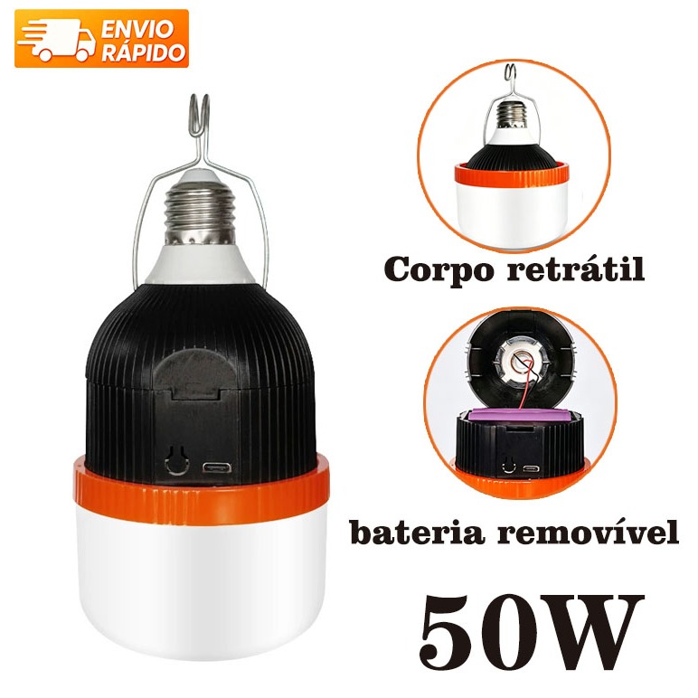 💡 Lâmpada de Emergência Retrátil Recarregável Tipo‑C E27 Bivolt 50W 🚚 Envio Rápido