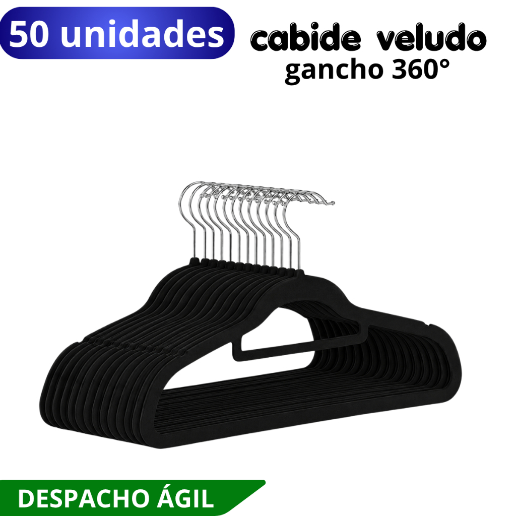 Kit 50 Cabides Veludo Adulto Slim Antiderrapante Preto
