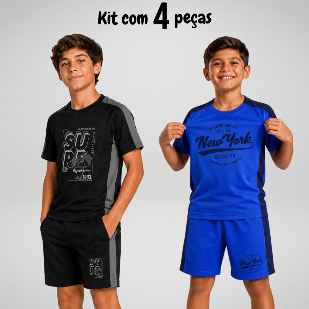 Kit 4 Peças Conjunto Infantil Menino Dry Fit Esportivo - 2 Camisas + 2 Bermudas - Verão Masculino Academia Calor Corrida