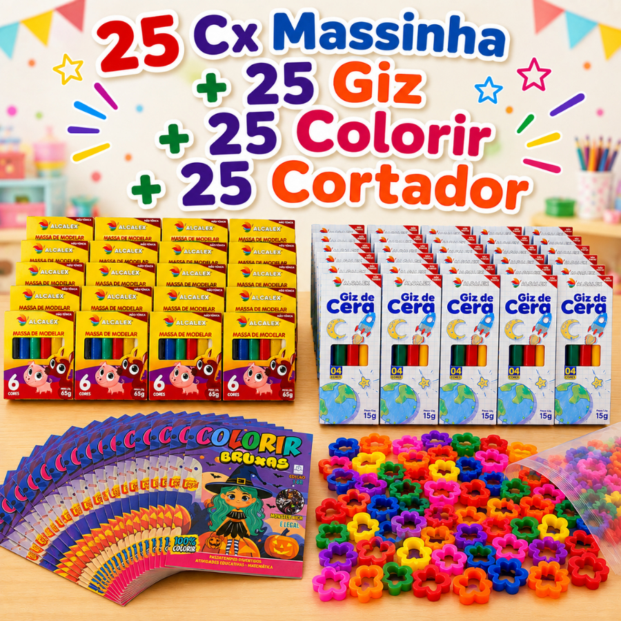25 Cx Massinha de Modelar 25 Colorir 25 Giz Cera 25 Cortador Kit Festa Lembrancinha Infantil
