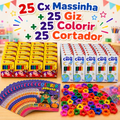 25 Cx Massinha de Modelar + 25 Colorir + 25 Giz Cera + 25 Cortador Kit Festa Lembrancinha Infantil