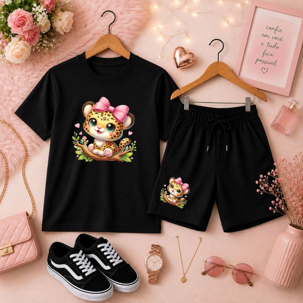 Conjunto Infantil para Menina Camiseta Básica e Short de Moletom com Estilo e Conforto Estampa Tigresa Fofa