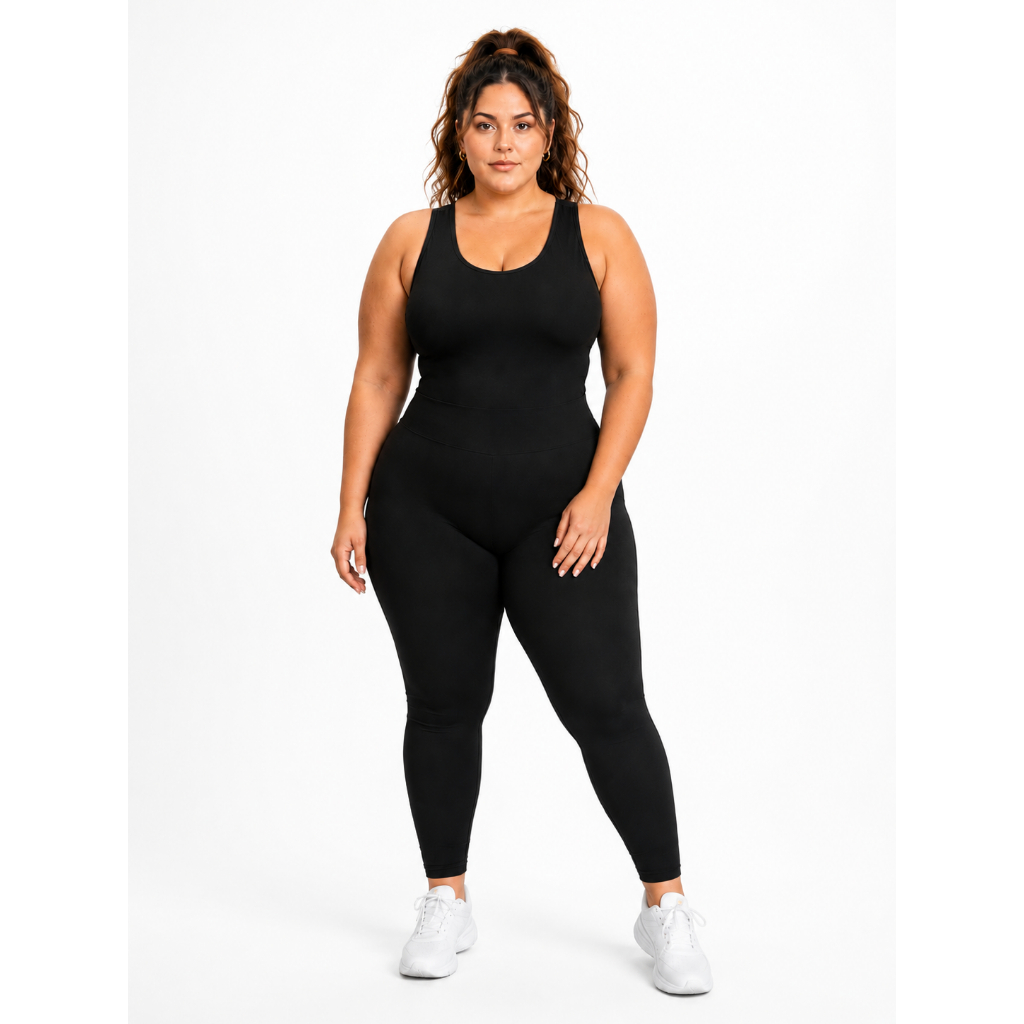 Macacão de Academia Plus Size Feminino Regata Longo fitness confortavel tecido nao marca Modelador sem transparencia
