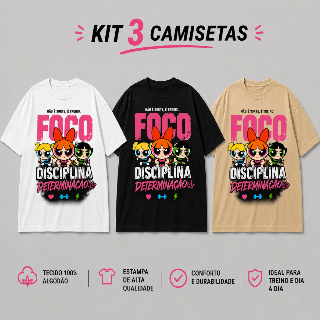 Kit 3 Camisetas Oversized Meninas Super Poderosas Academia Treino Feminina 100% Algodão 30.1