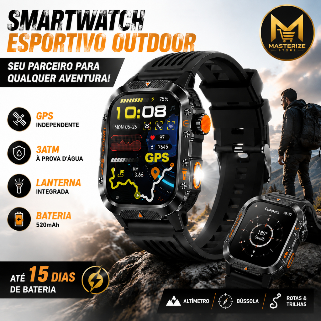 Relógio Inteligente 2.01'' GPS Integrado Lanterna LED 520mAh 3ATM Chamadas Bluetooth Smartwatch Esportivo