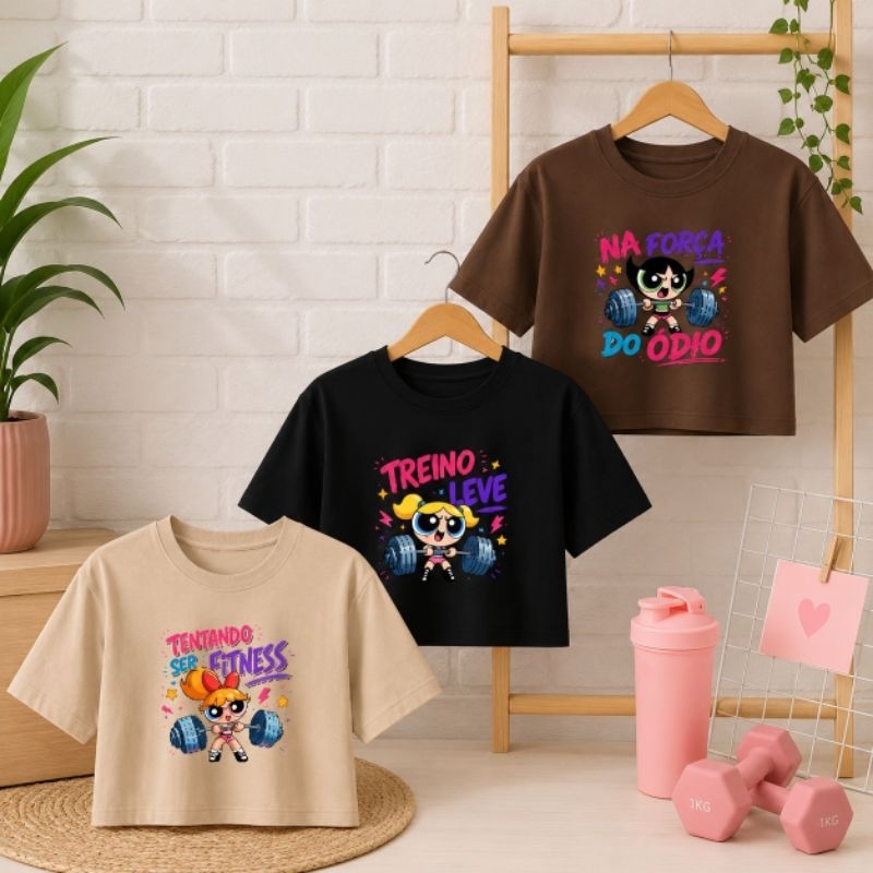 Kit 3 Cropped Feminino Academia Fresquinho Estampa Super Poderosas Fashion Fitness Algodão Premium Coleção Nova