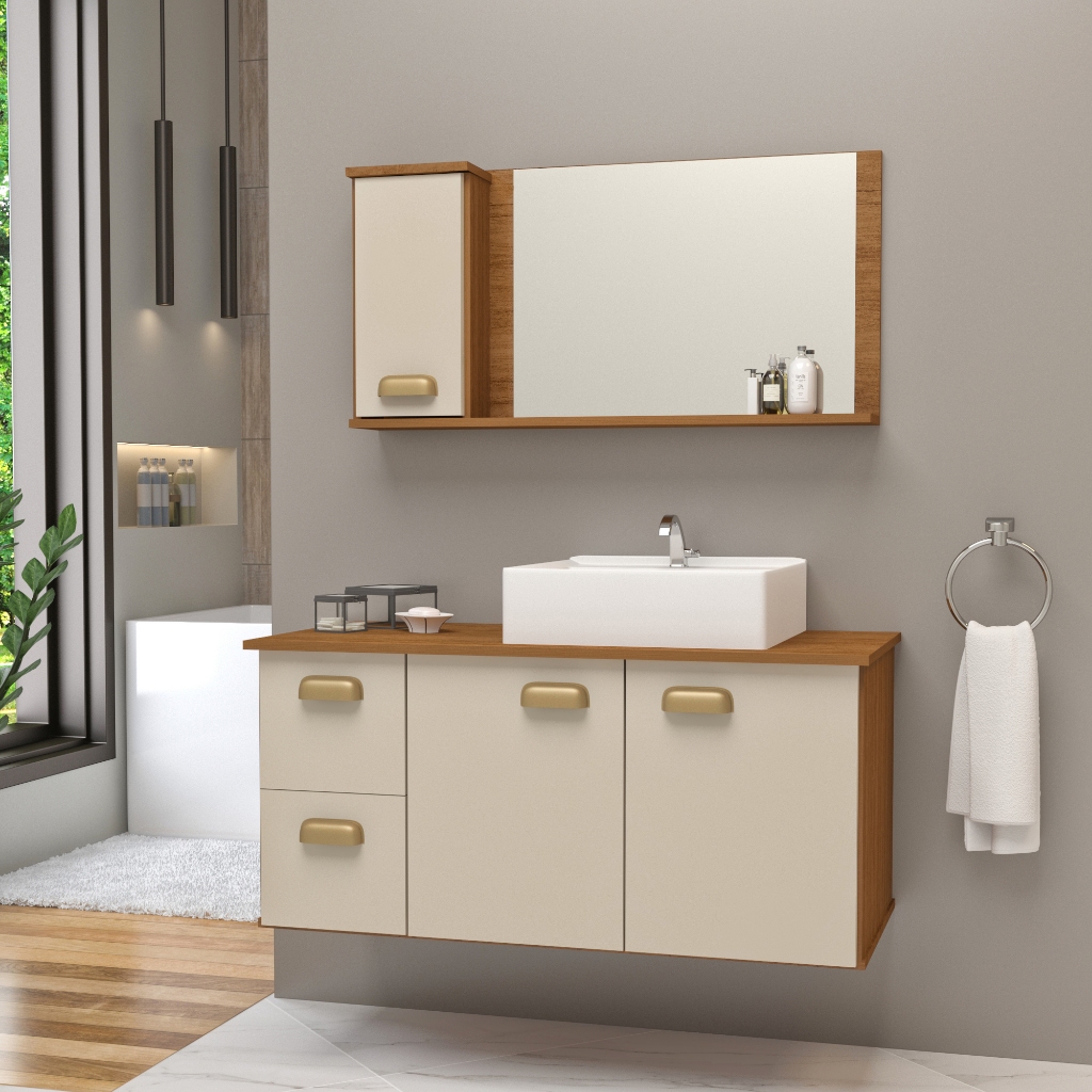Conjunto Gabinete Banheiro Lisboa MDF 80cm Com Cuba e Espelheira