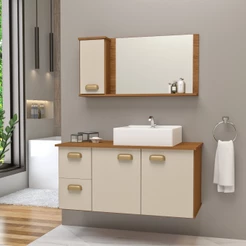 Conjunto Gabinete Banheiro Lisboa MDF 80cm Com Cuba e Espelheira
