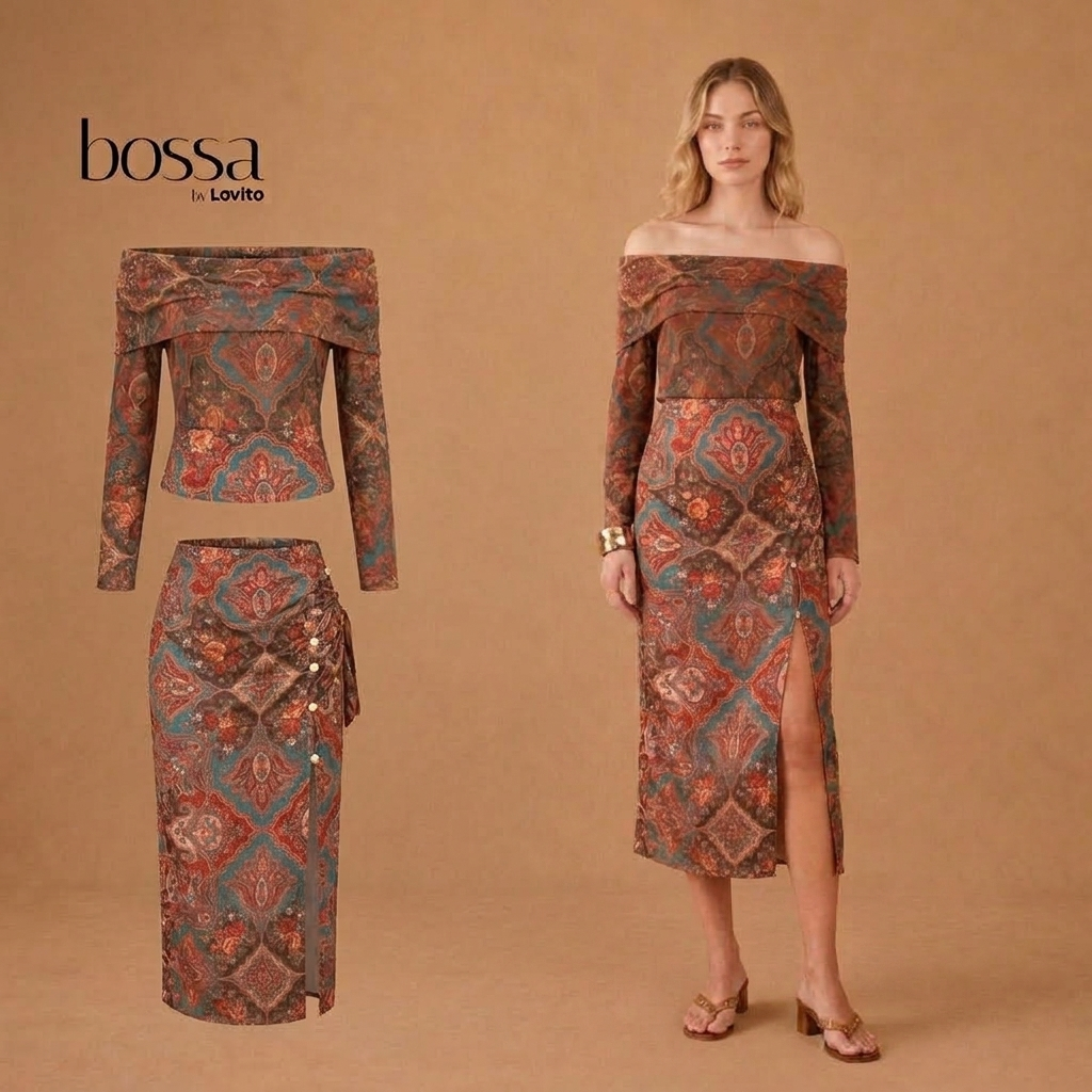 Lovito Bossa Conjunto Feminino Blusa Manga Longa e Saia Midi Estampada BLB19762007