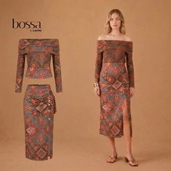 Lovito Bossa Conjunto Feminino Blusa Manga Longa e Saia Midi Estampada BLB19762007